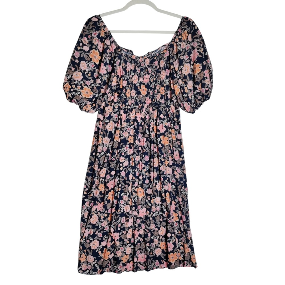 Old Navy Women 2X Floral Smocked Puff Sleeve Midi Dress Navy Pink Orange 1166